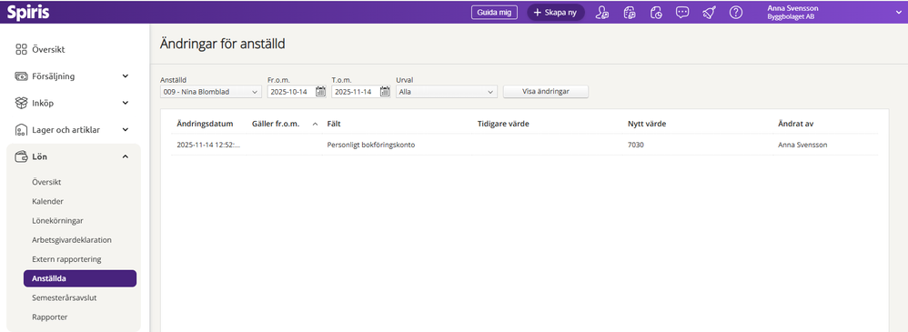 Ändringar för anställd i Lön