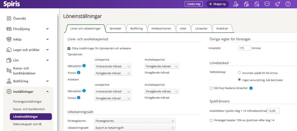 Löneinställningar i Spiris