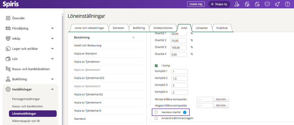 Inställning för Mertid i Lön i Spiris