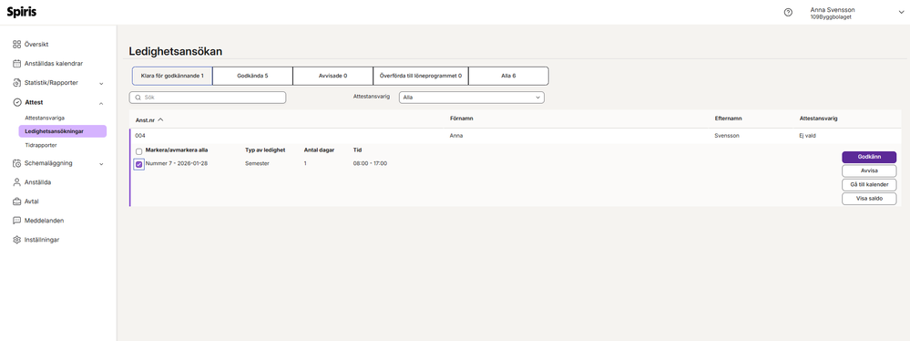 Attestera ledighetsansökningar, Anställd