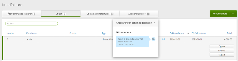 Kommentar på kundfaktura.