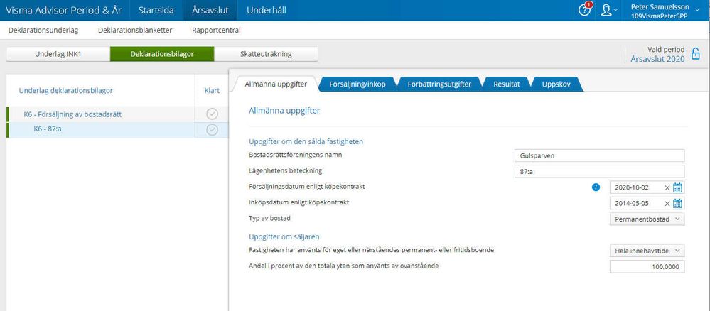 Deklarationsblankett K6 i Visma Advisor Period & År