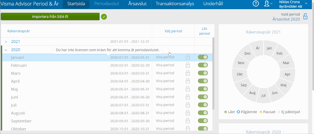 Sidan inlämning i Visma Advisor Period & År