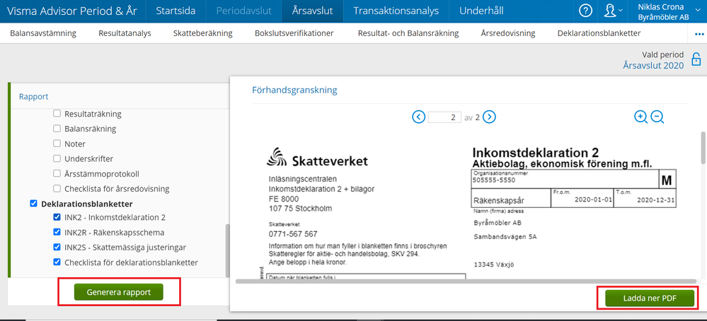 Utskrift av rapport