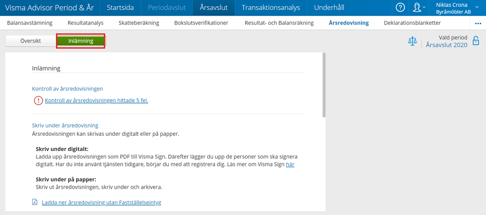 Digital inlämning i Visma Advisor Period & År