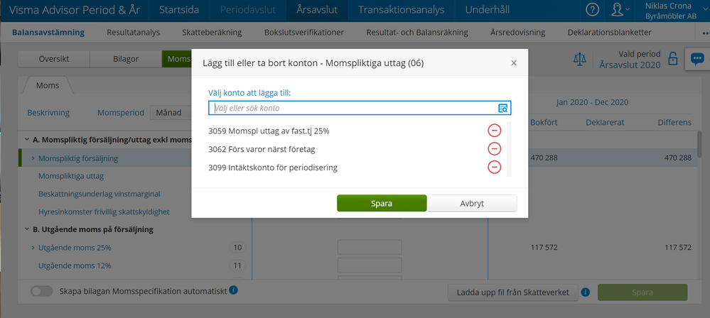 Lägg till och ta bort konton i momsrapporten.