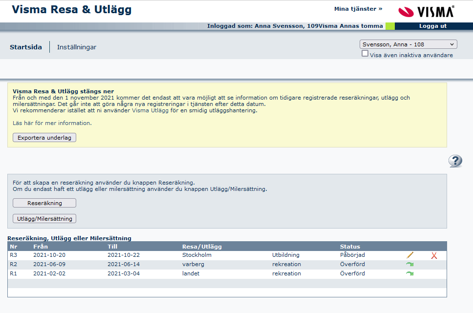 Startsidan Visma Resa & Utlägg