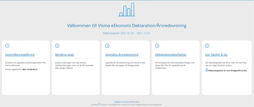 Startsidan i Visma eEkonomi Deklaration/Årsredovisning.