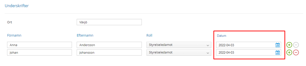 Datum för underskrift för varje styrelseledamot i årsredovisningen.