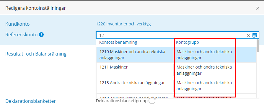 Visning av kontogrupper när du väljer konton.