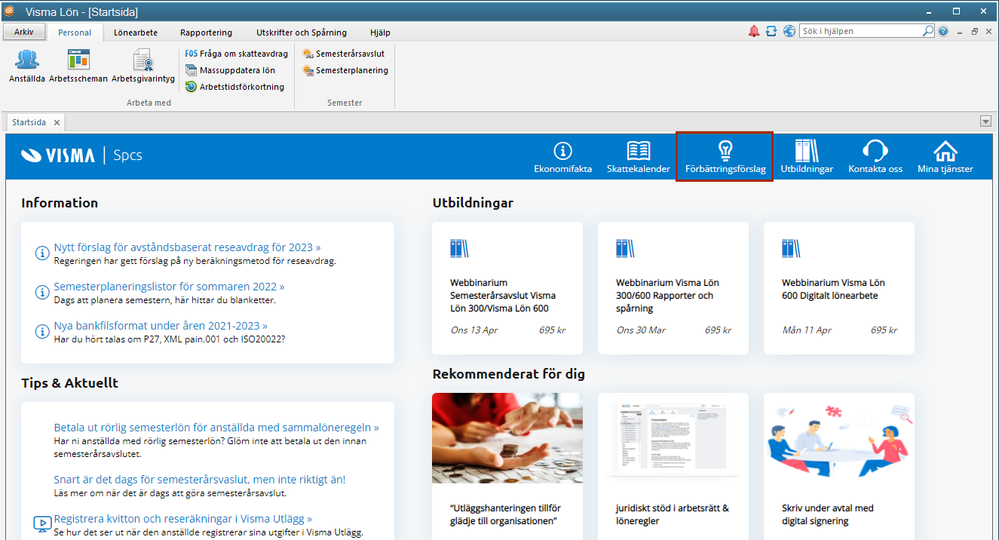 Förbättringsförslag på startsidan i Visma Lön 300/600