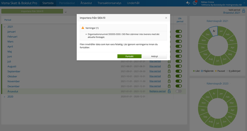 Felmeddelande vid import av SIE-fil i Visma Skatt & Bokslut Pro.