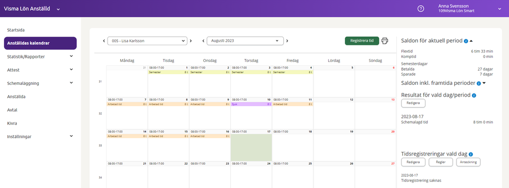Kalender i Visma Lön Anställd