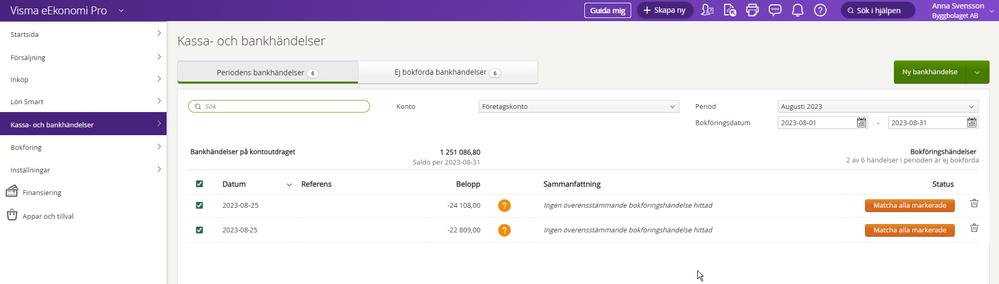 Matcha flera banktransaktioner mot samma verifikation