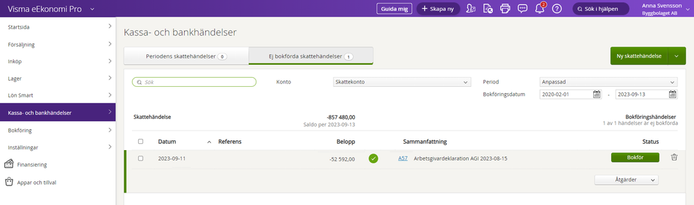 Matcha arbetsgivardeklarationen via skattekontot i Visma eEkonomi