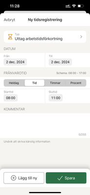 uttag app.png Uttag arbetstidsförkortning/arbetstidskonto i appen Spiris Anställd